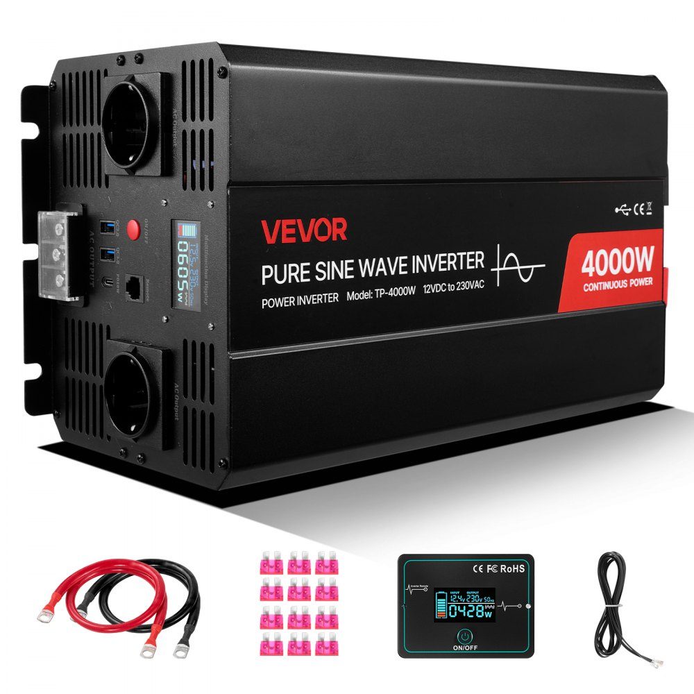 4000 W stroomomvormer 12 V DC naar 230 V AC zuivere sinusomvormer met LCD-scherm, afstandsbediening, 2 USB-poorten, 2 AC-aansluitingen, Type C-poort voor campers, vrachtwagens buiten – Artikelnr. HT-22433