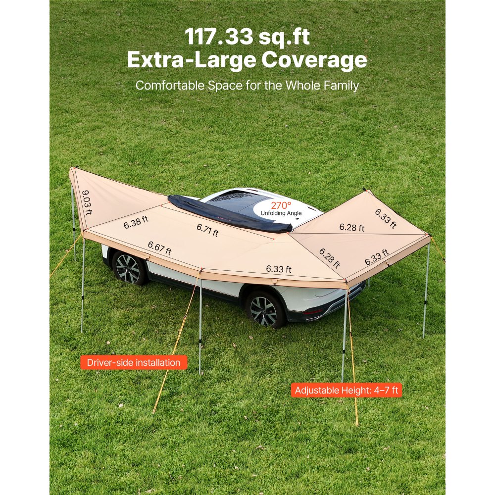 Auvent de voiture 5,7 m x 3,87 x 2,1 m, auvent 270° avec lumières LED intégrées, voile d'ombrage UV50+, auvent de voiture autoportant toutes saisons, pare-soleil pour SUV camion, idéal pour le camping Auvent de voiture 5,7 m x 3,87 x 2,1 m, auvent 270° avec lumières LED intégrées, voile d'ombrage UV50+, auvent de voiture autoportant toutes saisons, pare-soleil pour SUV camion, idéal pour le camping