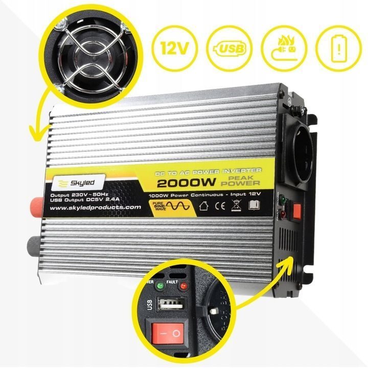 KONVERTER 1000 W KONTINUIERLICH / 2000 W MOMENTAR, VOLLSINUS 12 V 230 V
