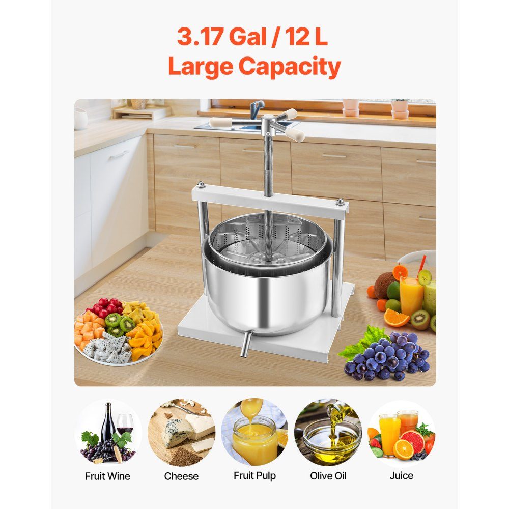 Presse-agrumes à fruits, presse-agrumes (12L) avec 2 fûts en acier inoxydable, presse-agrumes manuel, presse-cidre, presse-pommes, presse-raisin, presse-huile d'olive, presse-agrumes avec poignée triangulaire pour la cuisine