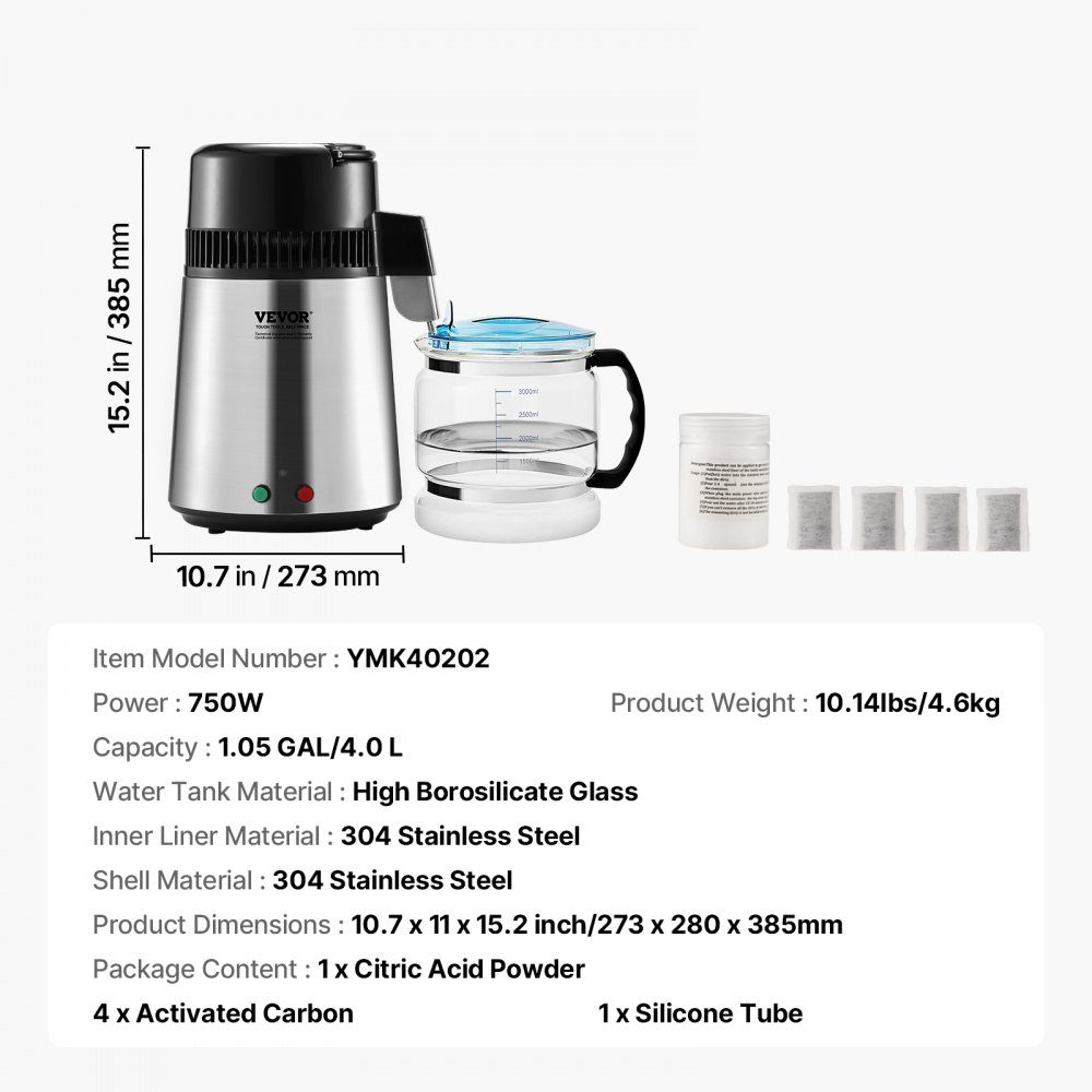 Waterdestilleerder 4L Gezuiverd waterfilter 750W Gedistilleerd water Roestvrij staal Binnendistilleerder Zilver Huishoudelijk 1L water per uur