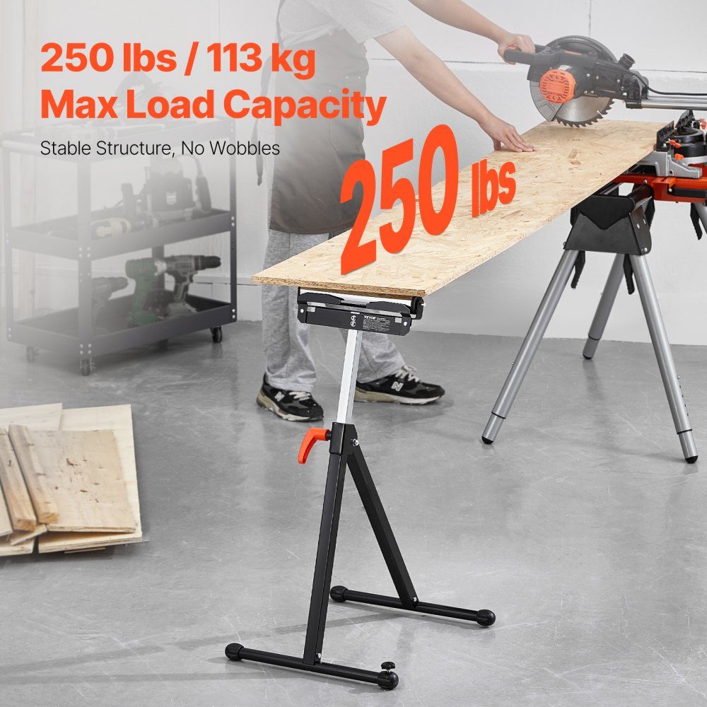 Set van 2 rolstatief, draagvermogen 113 kg, in hoogte verstelbaar van 68-109 cm, opklapbare werkbok met rolkop en randgeleiders van gepolijst staal, voor tafelzaaguitloop, verlengingssteun