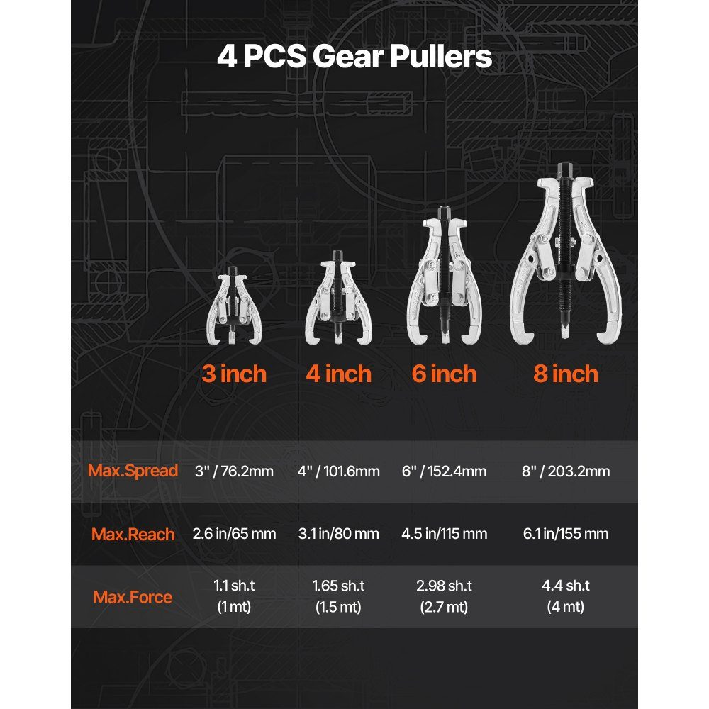 Gear Puller Set, 3/4/6/8" 3 Jaw Bearing Puller with Reversible Jaws, 2 Jaw/3 Jaw Pulley Puller Tool for Removing Pulleys, Transmission Bearings, Flywheels