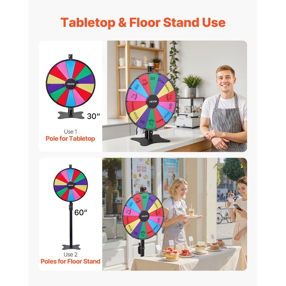 Glücksrad, Spinnrad (61 cm), 14 Fächer, Glücksrad mit Ständer, höhenverstellbar, Lotteriespiele, Gewinnspiel, Roulette, mit Tafelschwamm und 2 Markern, 6 Farben, ideal für Party, Kneipe, Messe