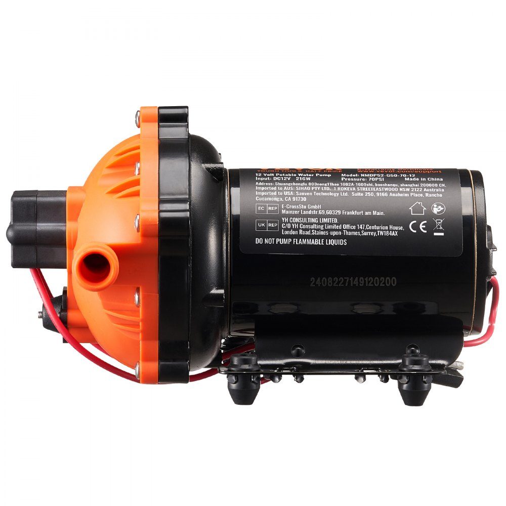 12-V-Membranpumpe, 18,93 l/min, 5-Kammer-Gleichstrom-Wasserpumpe mit automatischem Druckschalter, 40–100 PSI, verstellbar, 70 PSI, 1/2 Zoll MNPT-Anschluss für Wohnmobil, Yacht, Food Truck, Camper, Marine