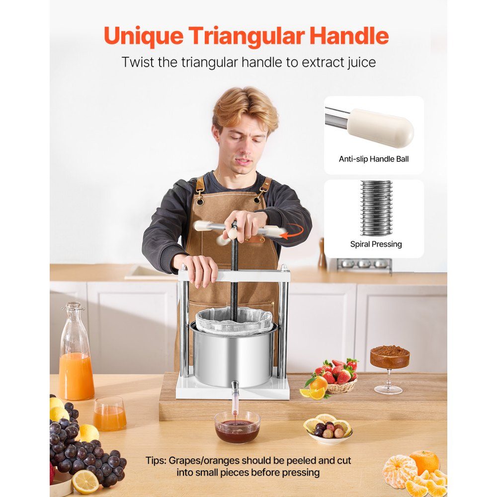 Fruit Wine Press, Fruit Grinder (5L), with 2 Stainless Steel Barrels, Manual Juicer for Wine Making, Cider Press, Apple Press, Grape Press, Olive Oil Press with Triangular Handle for Kitchen