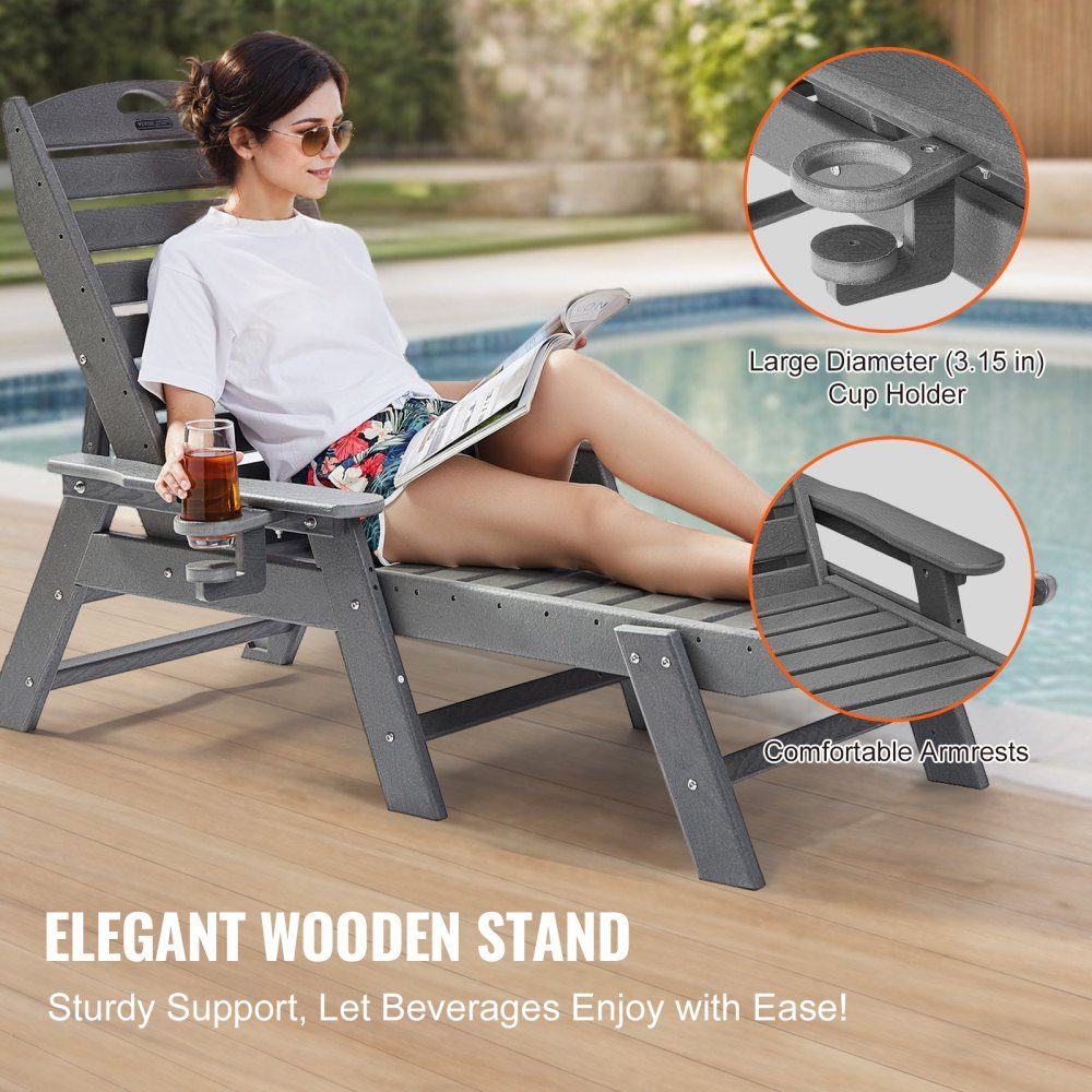 Sun Lounger 400lb Load HDPE Garden Lounger Beach Lounger with 6 Way Adjustable Backrest Armrest Cup Holder Balcony Lounger Patio Lounger for Pool Patio Patio Lawn Gray