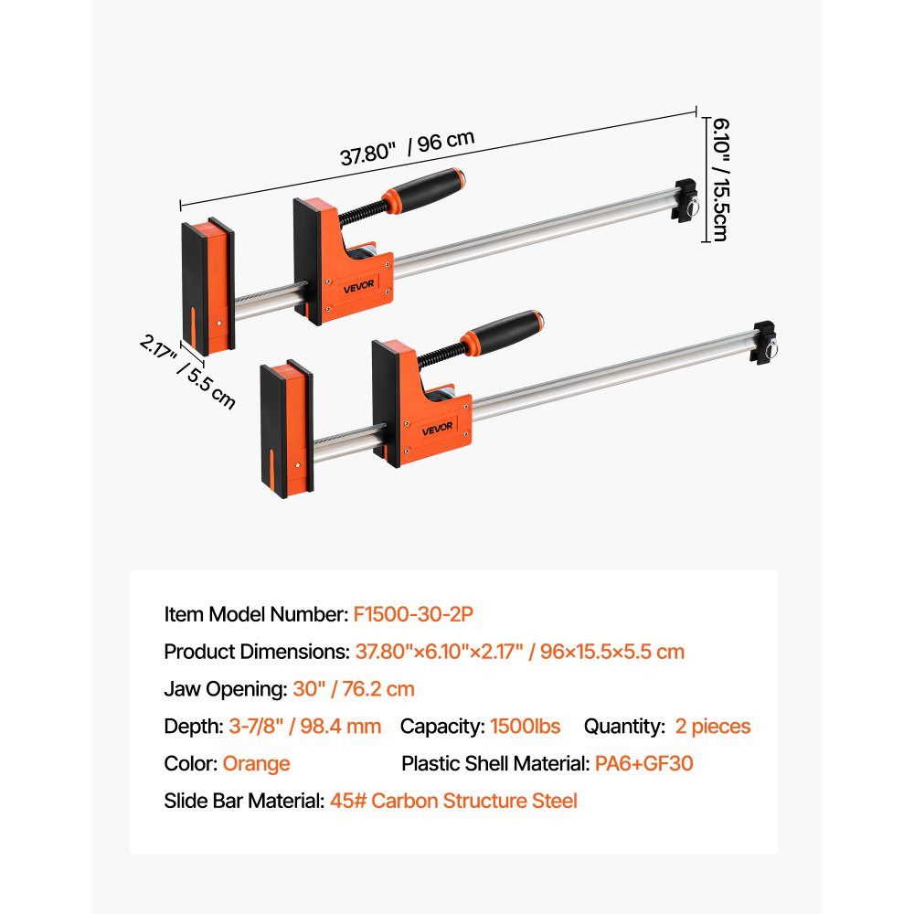 Woodworking Bar Clamps 2 Pack 762mm Opening Parallel Clamp Set F Clamp with 680kg Load Limit 98.4mm Depth Plastic Carbon Steel Metalworking Orange