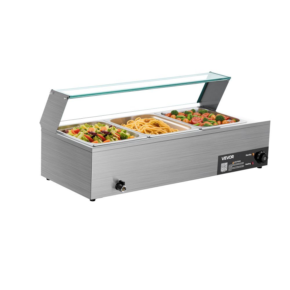 Commercial Food Warmer (3 Size 1/2 Containers), 1.5KW Stainless Steel Electric Warming Container with Glass Cover and Soup Ladle, Chafing Dishes for Catering Restaurant Parties