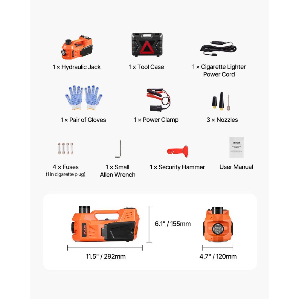 Cric électrique de voiture 5T avec pompe intégrée, changeur de pneu réglable 12 V de remplacement avec marteau de sécurité et lumière LED, ensemble de cric portable pour berline SUV camion