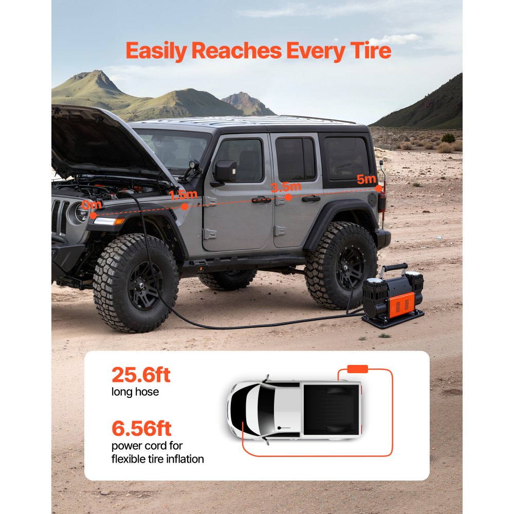 Zware luchtcompressor Dubbele cilinder 300 l/min Draagbare bandenpomp 12 V 150 PSI off-road luchtpomp met digitale manometer en adapters voor vrachtwagen, auto, SUV, SUV en camper Zware luchtcompressor Dubbele cilinder 300 l/min Draagbare bandenpomp 12 V 150 PSI off-road luchtpomp met digitale manometer en adapters voor vrachtwagen, auto, SUV, SUV en camper
