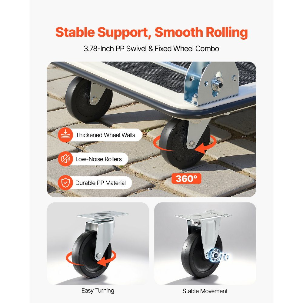 Folding platform trolley 150 kg, transport trolley with swivel castor, hand trolley loading area with anti-slip coating, transport aid for easy storage, 735x480x825 mm trolley