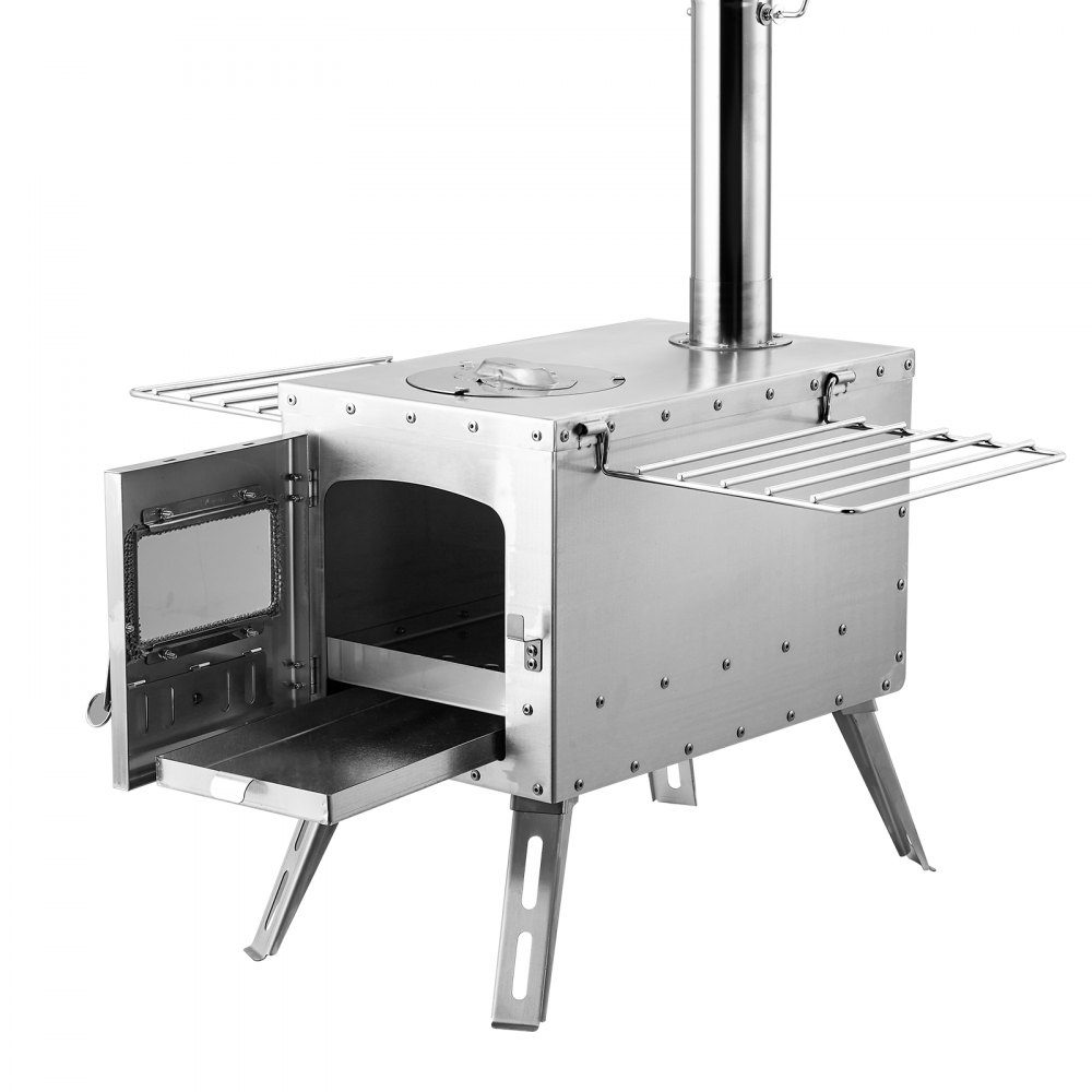 Poêle à bois 590 x 790 x 2620 m Poêle à bois pour tente de camping en acier inoxydable avec tuyaux de cheminée et gants 1646 pouces cubes Poêle de tente pour cuisine et chauffage en plein air avec 8 tuyaux – Réf. HT-24282