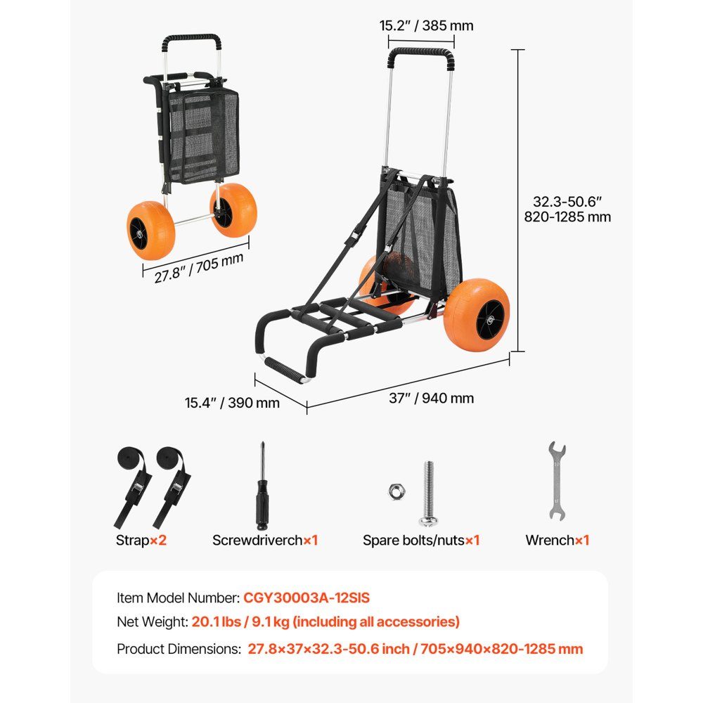 Strandwagen handkar zandkar, strandwagen 74,84 kg laadvermogen, opvouwbare zandkar van aluminium 685-1135 mm in hoogte verstelbaar, wagen voor op het strand 76 x 39 cm laadruimte
