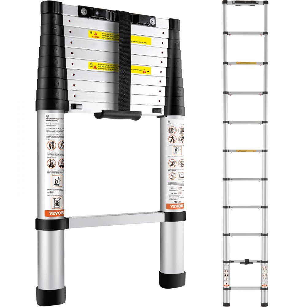 3.2m Telescopic Ladder Non-Slip Folding Ladder 48 x 9.5 x 76.5cm Step Ladder One Button Retraction Multipurpose Ladder Aluminum Alloy 170kg Load Capacity Ideal for Home Repair Decoration Wall Painting