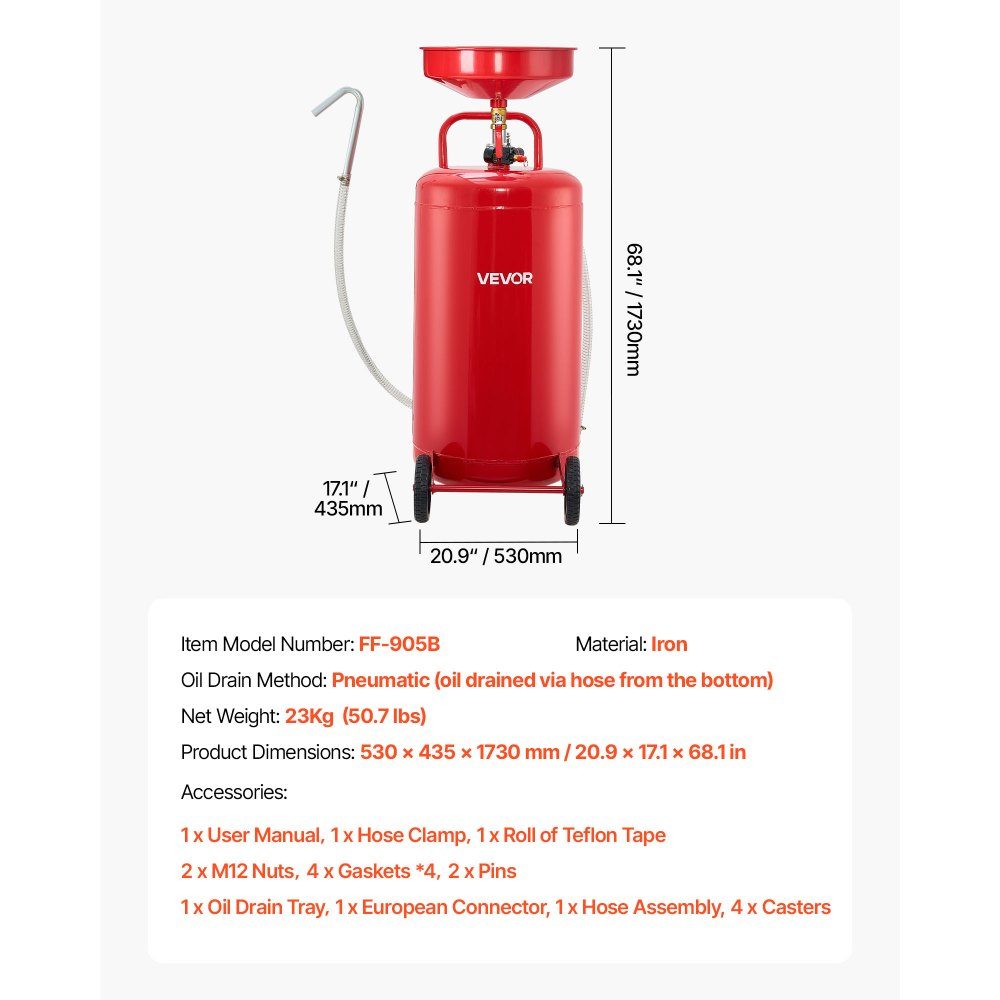 Oil Catch Cart 9 5L, Oil Catch Container with Adjustable Funnel Height, Oil Catch Cart with Wheels, Liquid Fuel Transfer Drain, Oil Catch Cart for Auto Workshop, Red