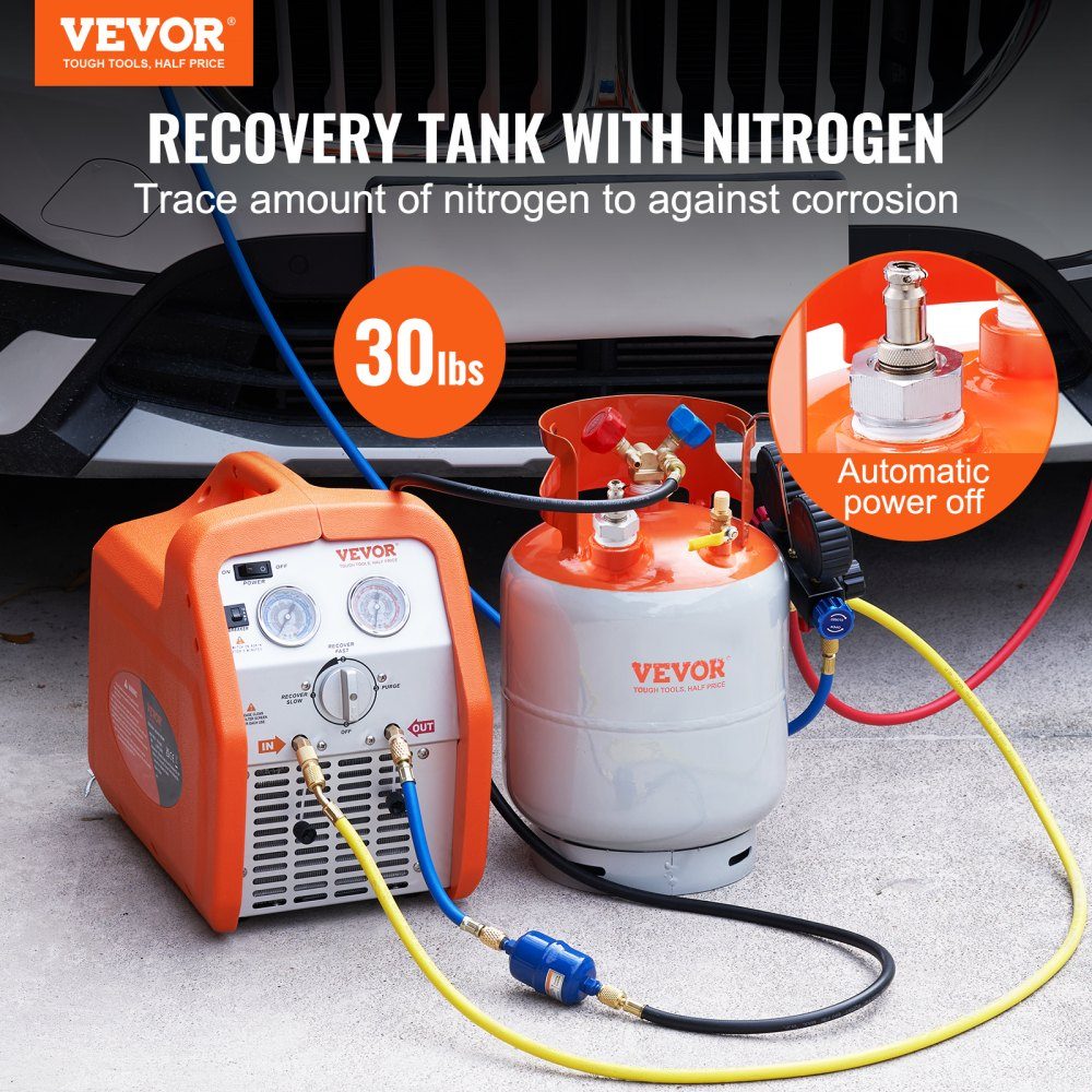 Koudemiddelopvangtank met een capaciteit van 30 lb, AC-opvangtank met ¼ tot ½ adapter, HVAC-opvangtank voor alle koudemiddelen, met sporen van N₂