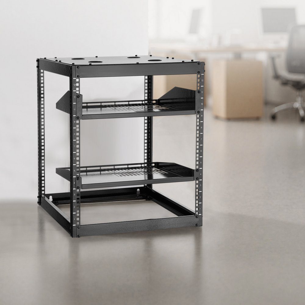12U-Netzwerk-Rack mit offenem Rahmen, 585 mm Tiefe, Wandmontage- oder Stand-Server-Rack, 4-Pfosten-Konstruktion, mit belüfteten Regalen und Montagezubehör, für Netzwerk-IT-Geräte und AV-Geräte
