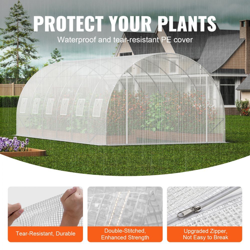 Walk-in tunnel greenhouse, 6.8 x 2.8 x 2.0 m, film greenhouse tunnel, plant greenhouse with galvanized steel frame, white PE cover, roll-up zipper door and 12 windows for outdoor use