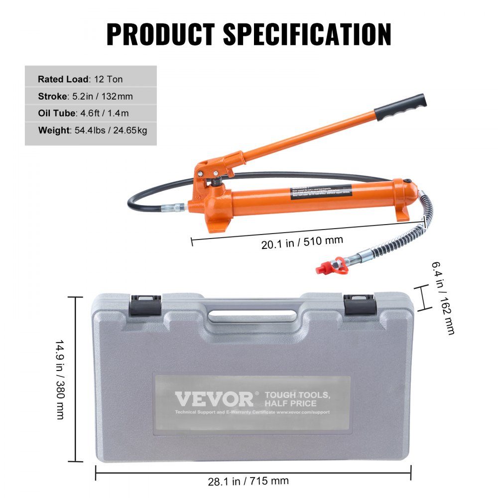 Hydraulic Cylinder Set, 12T Portable Hydraulic Jack with 1.4m Oil Hose, Body Frame Repair Kit with Storage Case for Car Repair Truck Farm Orange
