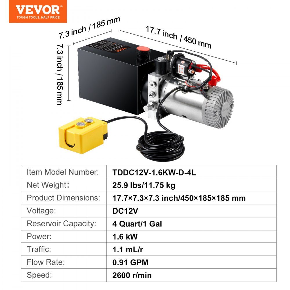 Hydraulic pump hydraulic unit 12V hydraulic unit 1600W, single-acting hydraulic pump hydraulic unit, 3.79L tank hand pump hydraulic unit, for elevators, forklifts etc