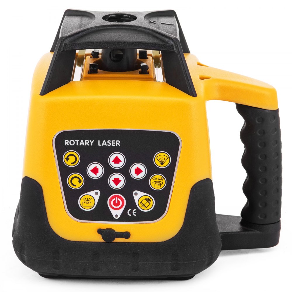 Laser rotatif professionnel rouge max. portée de travail 100 m, niveau à bulle laser rotatif 360, étanche à l'eau et à la poussière, utilisation en extérieur, temps de travail 20 heures, dans une mallette d'artisan, télécommande 2 kg, mallette jaune