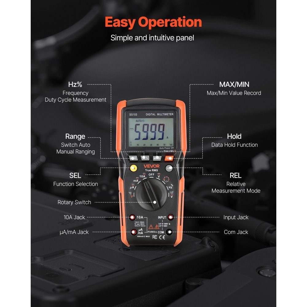 Digital Multimeter, 6000 Count TRMS DC/AC Voltmeter Current Tester, Autoranging for Current, Voltage, Resistance, Capacity, Temperature, Diodes, Continuity, Low Impedance Measurement