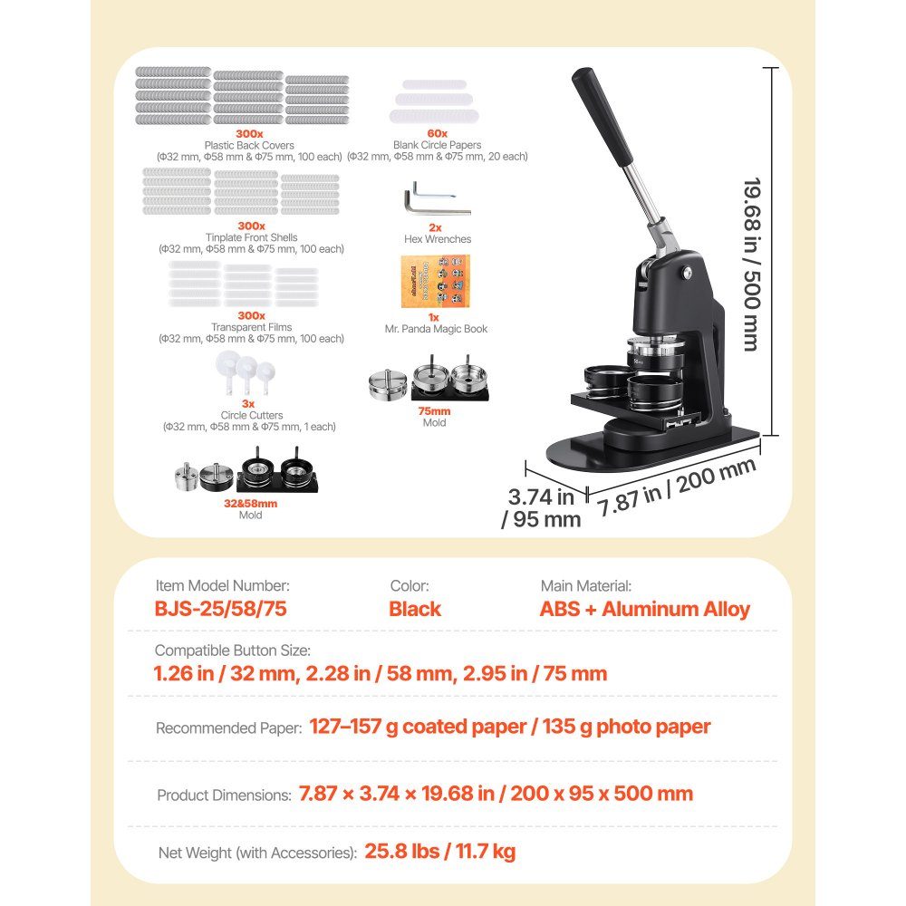 Buttonmaschine Button Maker Maschine Abzeichenstanzpresse 32 / 58 / 75 mm, Pin Maker mit 300 Buttonteilen & Kreisschneider & Zauberbuch & verstärktem ergonomischem Griff, DIY Buttonmaschine Schwarz