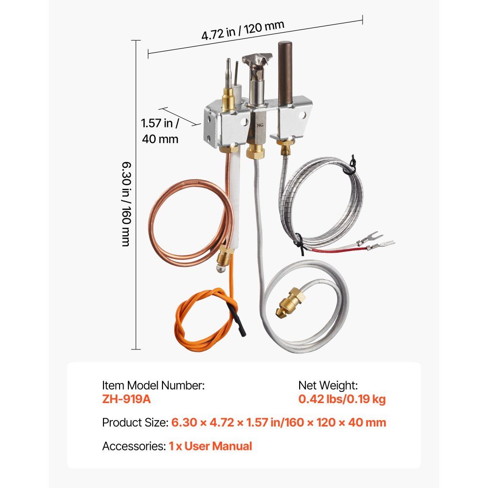 Natural Gas Pilot Burner Assembly, OE 4021-732, 25660 Fireplace Gas Pilot Flame Replacement for Natural Gas Ignition with Ignition Tube, Thermocouple, Thermopile, Wires, Compatible with Heater Models