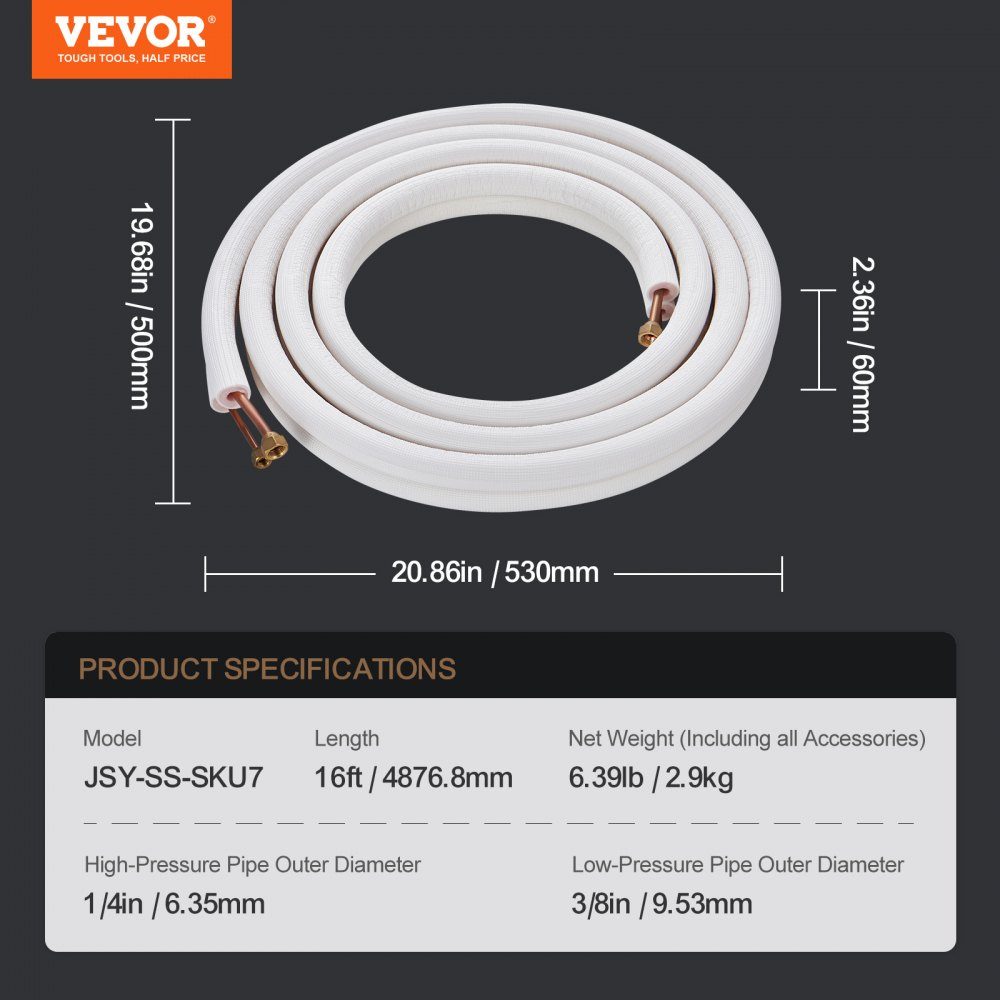4876.8mm mini split line kit, 6.4 and 9.5mm OD, copper pipes and three-layer insulation, for air conditioning or heat pump equipment and HVAC with extensive accessories – Part No. HT-24304