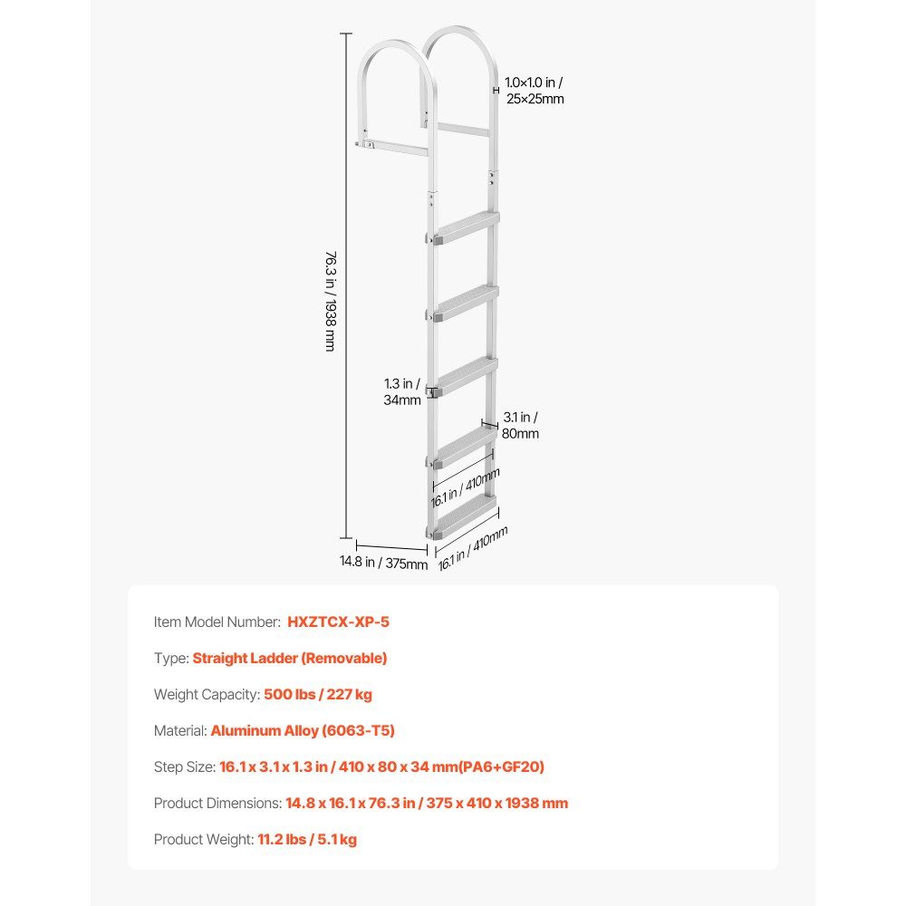 Dock Ladder, Detachable Boat Ladder with 5 Non-Slip Steps, Wide Pedals and Handrail, Pool Ladder with 500lb Load Capacity Aluminum Alloy, Entry Ladder for Docks, Pools, Lakes, Yachts, Silver