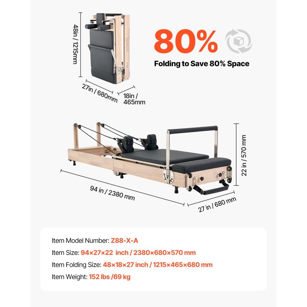 Zusammenklappbares Pilates-Reformer-Trainingsgerät aus Gummibaumholz für das Fitnessstudio zu Hause, Pilatesbett mit zwei Widerständen – Feder und Kordel, Ausrüstung mit Sitzbox, bis zu 400 Pfund