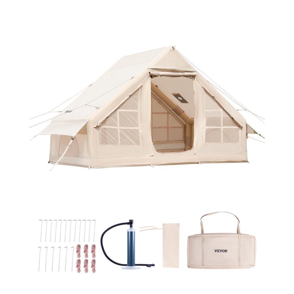 Inflatable Camping Tents 3x2x2m 3-5 Person 300D Oxford 4 Season Glamping Tent with Hand Pump, Stove Connection, 2 Doors and 2 Mesh Windows, Includes Storage Bag for Transport
