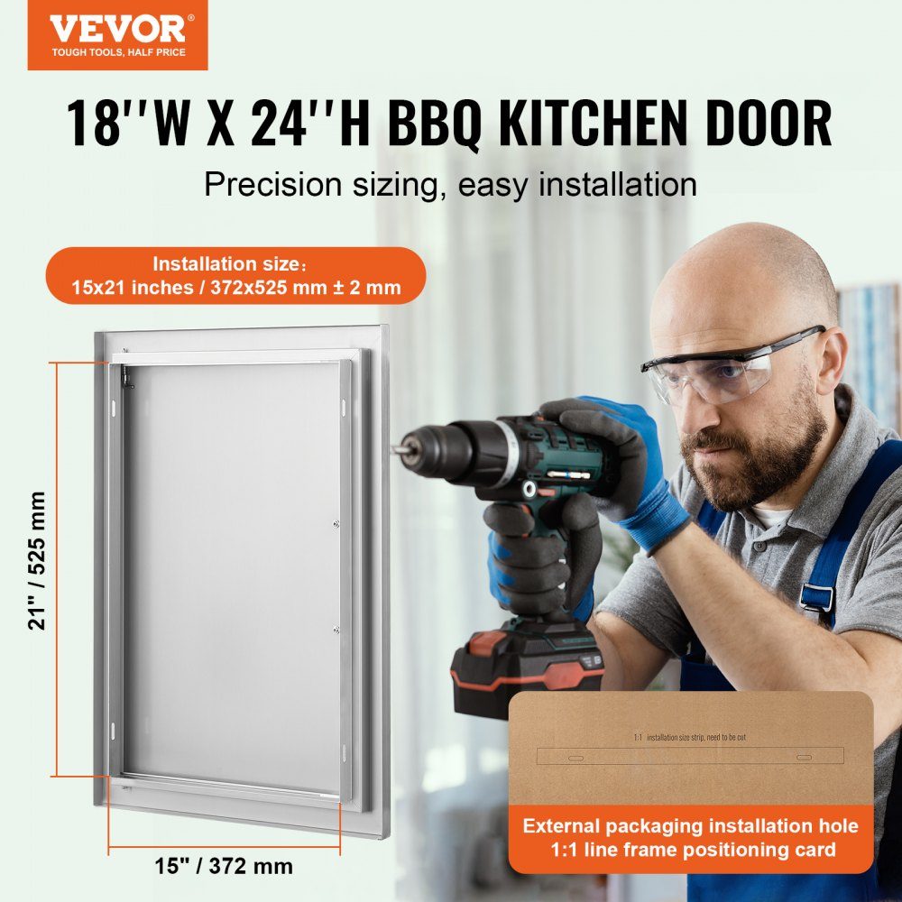 Porte d'accès au gril, 457 x 610 x 45 mm, porte de cuisine extérieure simple, porte encastrée en acier inoxydable, porte murale verticale avec poignée, pour îlot de grill, station de grill, armoire extérieure
