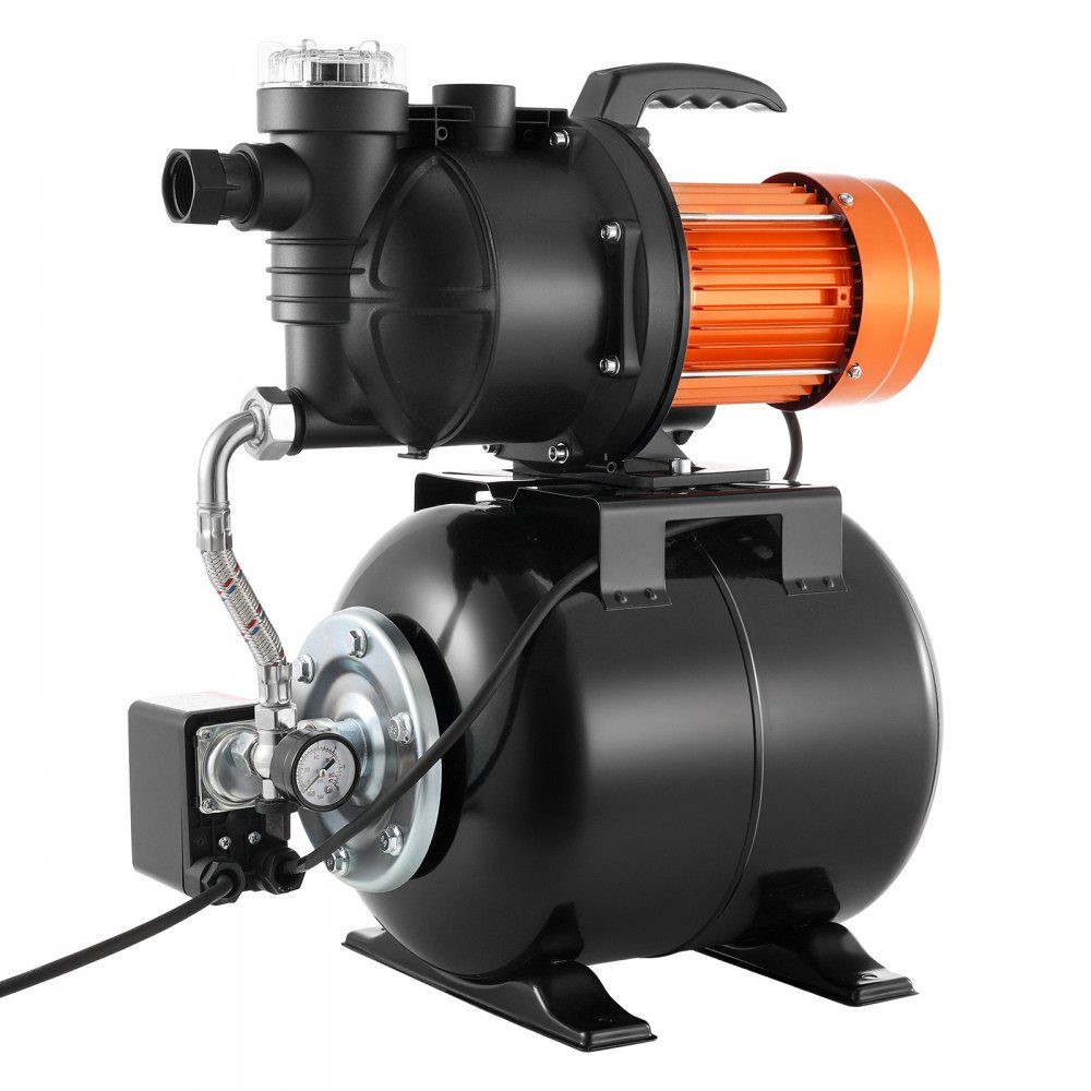 Hauswasserwerk 735 W, 3785 L/h Strahlpumpe mit 19 L Druckbehälter, 39 m Förderhöhe, inklusive Filter, Rückschlagventil & Kunststoff-Pumpenkopf, zur automatischen Gartenbewässerung & Hauswasserversorgung