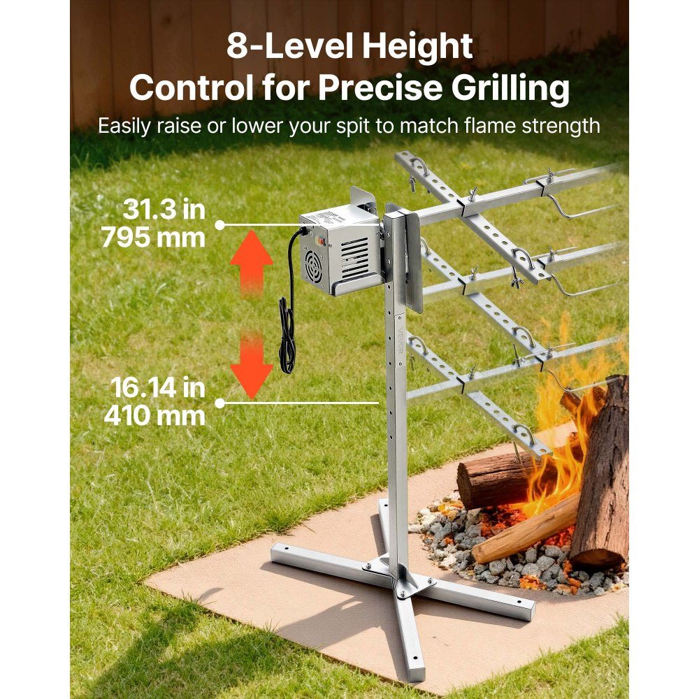 Gril de cochon de lait, gril d'agneau, gril à rôtir à la broche, gril de rôtissoire de 1321 mm, AC 220-240 V, ensemble de gril de rôtissoire électrique à 8 étages avec une capacité de charge de 40 kg, ensemble de gril à moteur de 38 W pour les fêtes