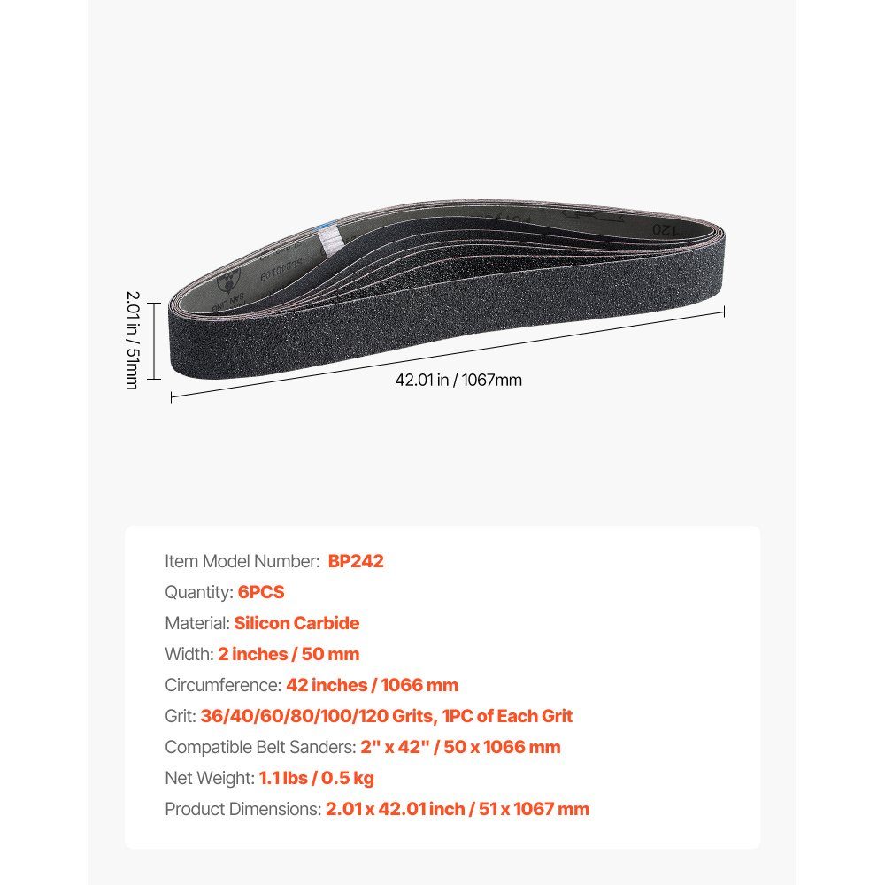 Sanding belts, 50x1066mm, 6 pieces (grit 36/40/60/80/100/120), made of silicon carbide, belt sandpaper belt sander, for metalworking, composite materials & plastic finishing