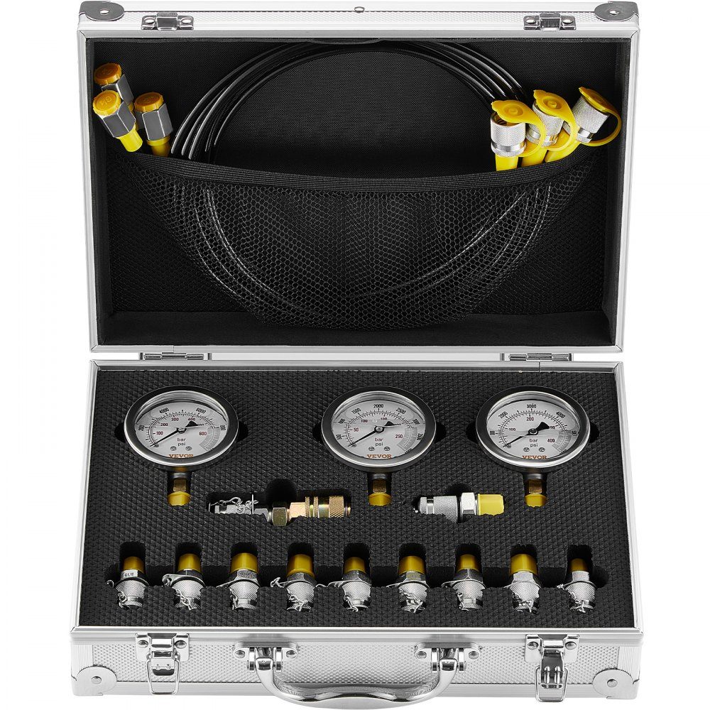 Kit de test de pression hydraulique, 250/400/600 bar, 3 jauges, 11 raccords de test, 3 tuyaux de test, ensemble de jauges de test hydraulique pour excavatrices avec sac de transport portable pour excavatrices, tracteurs, machines de construction