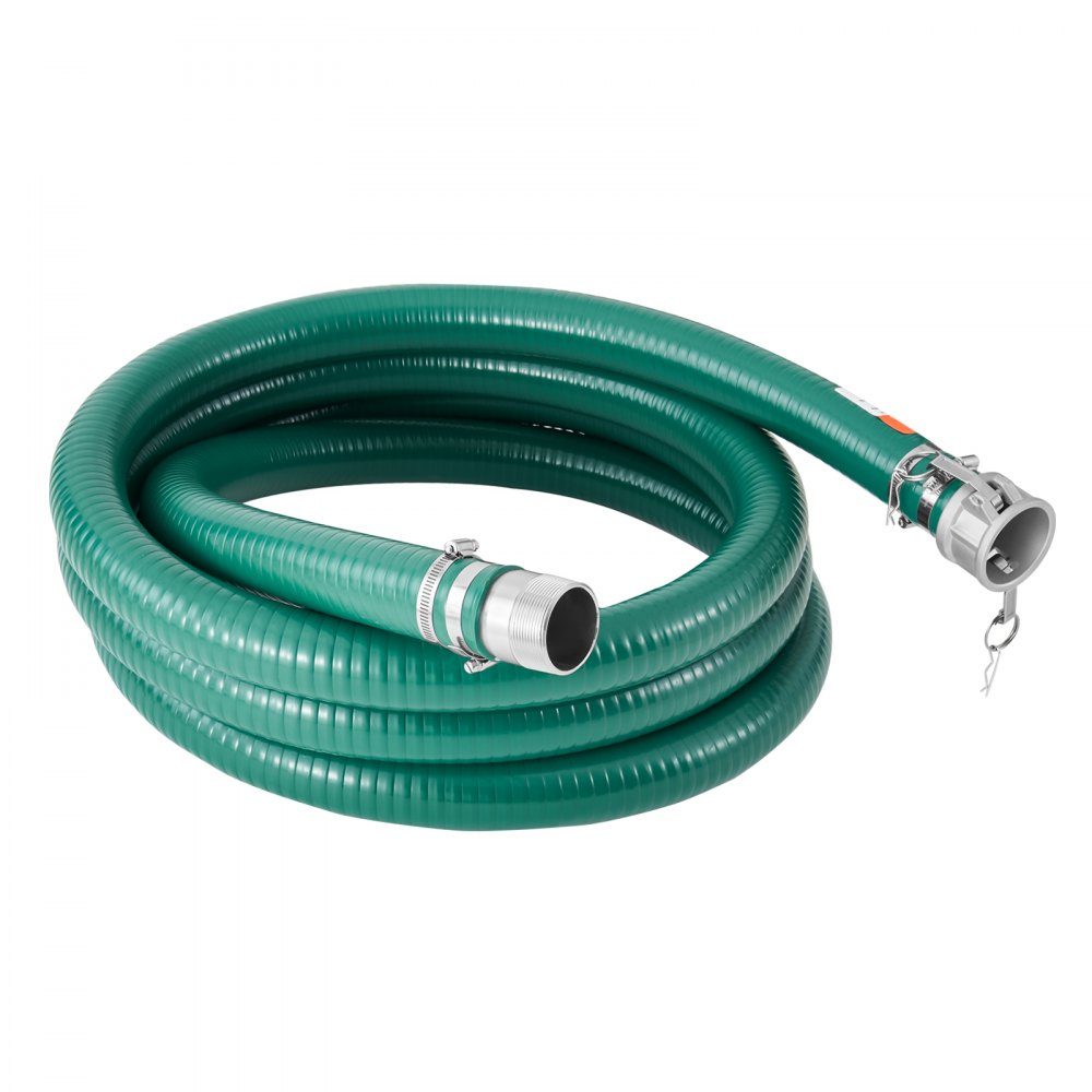 Das Saugschlauch-Set umfasst einen 2" x 50" blauen Rückspülschlauch, einen 20' grünen Saugschlauch und ein Rundloch-Stahlsieb, Camlocks, Klemmen, Nocken- und Nutadapter für verschiedene Zwecke