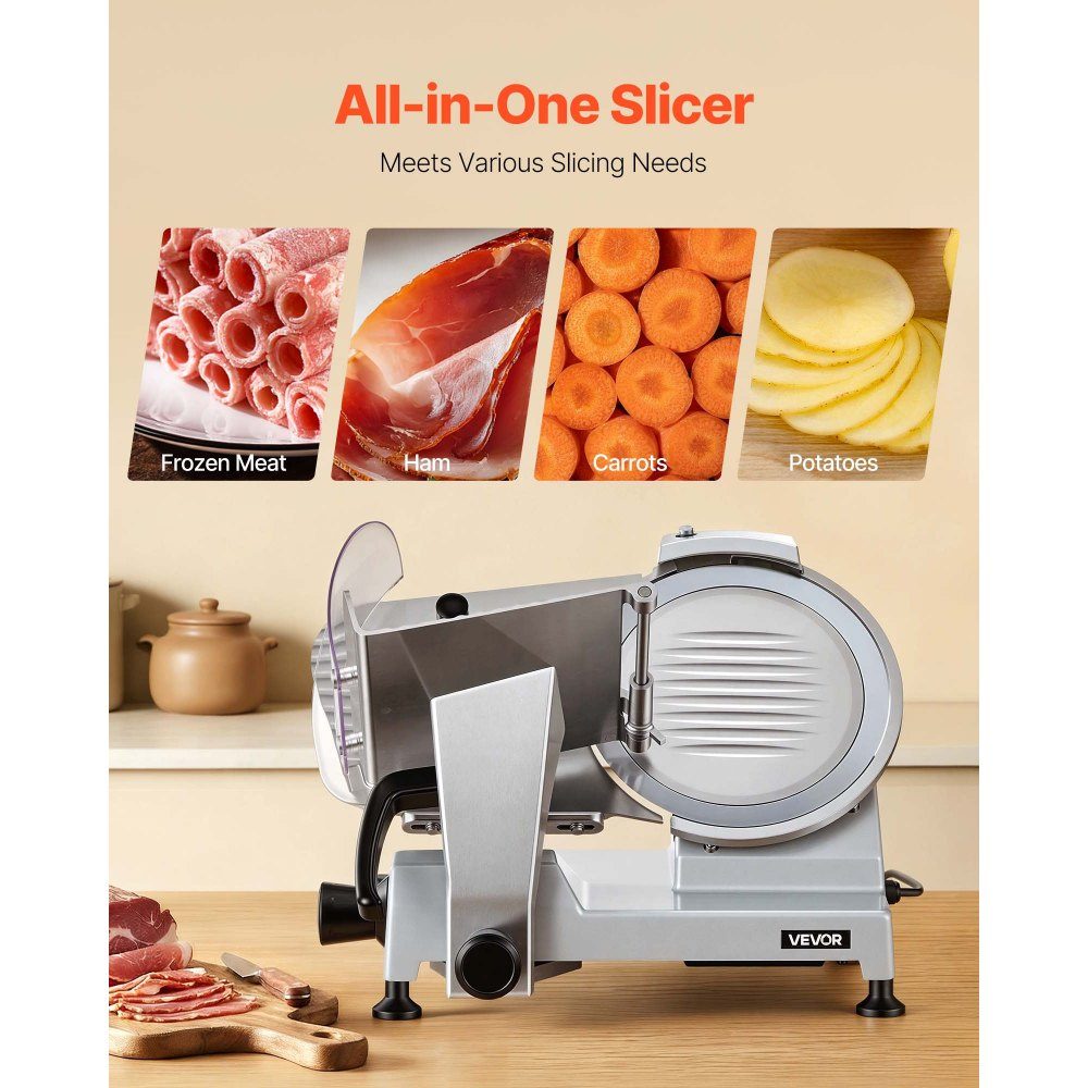 Trancheuse électrique multi-usages lame 250 mm, trancheuse multi-usages 240 W avec affûteur intégré et épaisseur de coupe réglable de 0 à 12 mm, pour jambon de viande surgelé