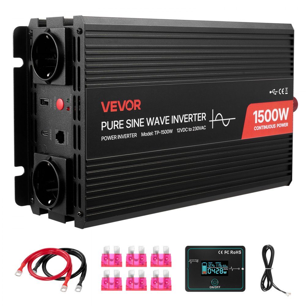 1500 W 12V DC to 230V AC Pure Sine Wave Inverter with Remote Control, USB and Type-C Ports, 2 AC Sockets, Fast Charging for RV, Truck, Outdoor Camping