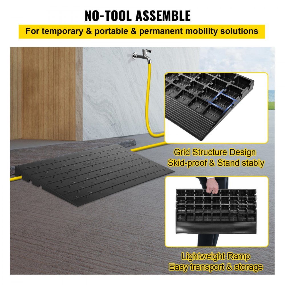 Gummischwellenrampe, Türschwellenrampe mit 6,5 cm Abstand, 3-Kanal-Kabelabdeckung, feste Gummischwellenrampe, mit einer Tragfähigkeit von 1000 kg für Rollstühle und Roller
