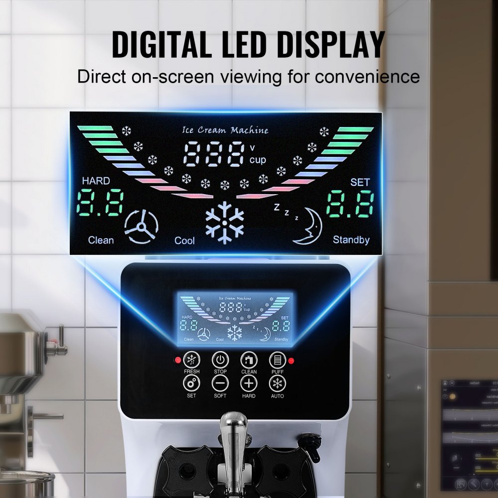 Commercial Ice Cream Machine, 10L/H Output, 900W, Single Flavor Soft Ice Cream Machine, Countertop, with 4L Hopper, 1.6L Cylinder, LCD Screen, Pre-Cooling Commercial Ice Cream Machine, 10L/H Output, 900W, Single Flavor Soft Ice Cream Machine, Countertop, with 4L Hopper, 1.6L Cylinder, LCD Screen, Pre-Cooling
