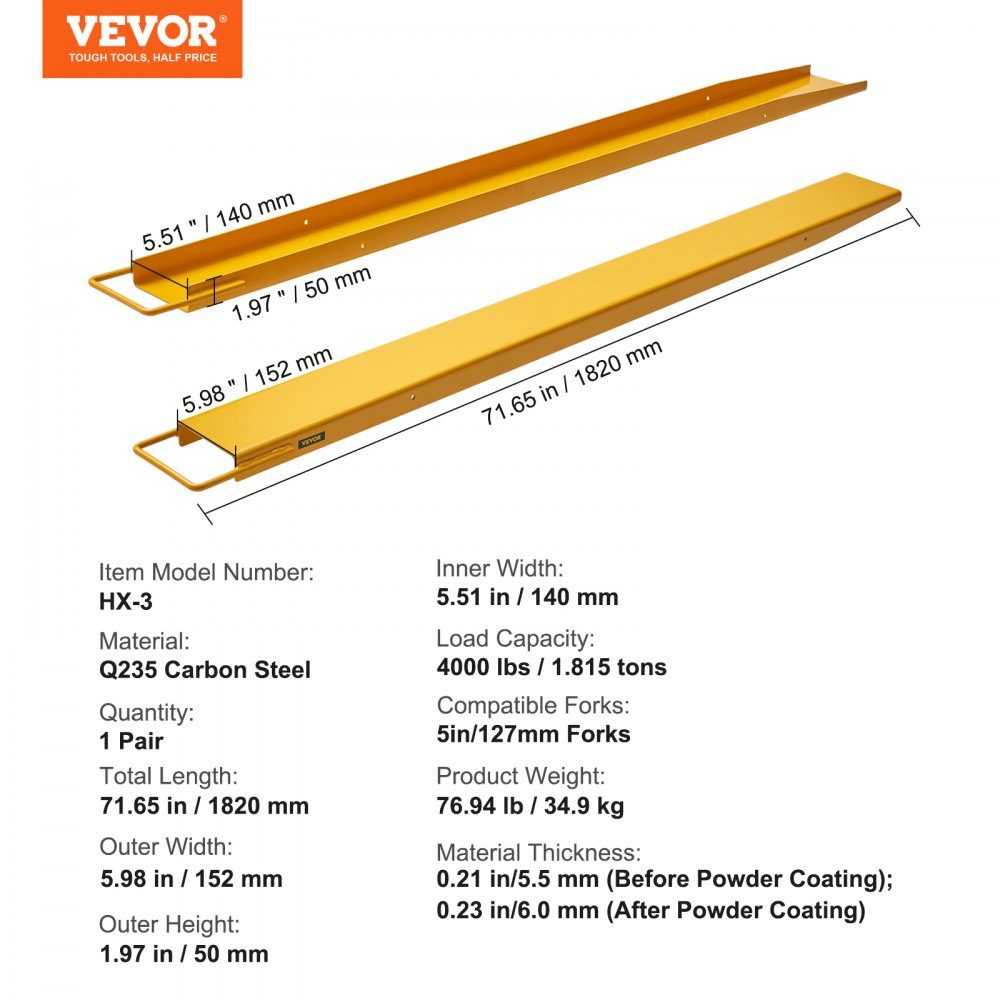 Set of 2 Fork Extensions, 1820mm Tine Extension, 1,815 Ton Capacity Forks, Q235 Carbon Steel, One Piece Design, Pallet Fork Extension, Compatible mit 127-mm-Gabeln – Part No. HT-22979