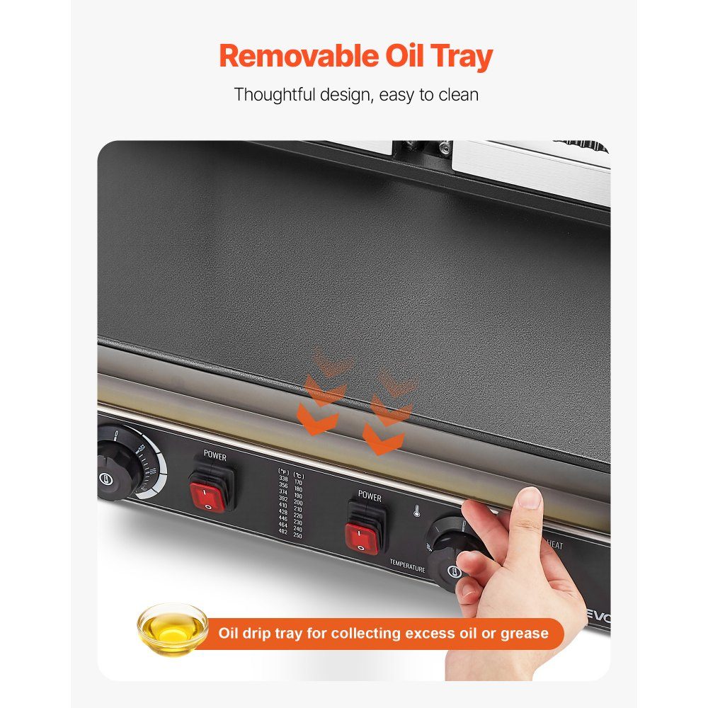 Commercial Panini Grill, Contact Grill 3600 W, for Sandwiches, Steak, Bacon, Hamburgers, Sandwich Maker, Stainless Steel Press Grill with Handle & Temperature Controller & 48 x 23 cm Heating Plate, Panini Press