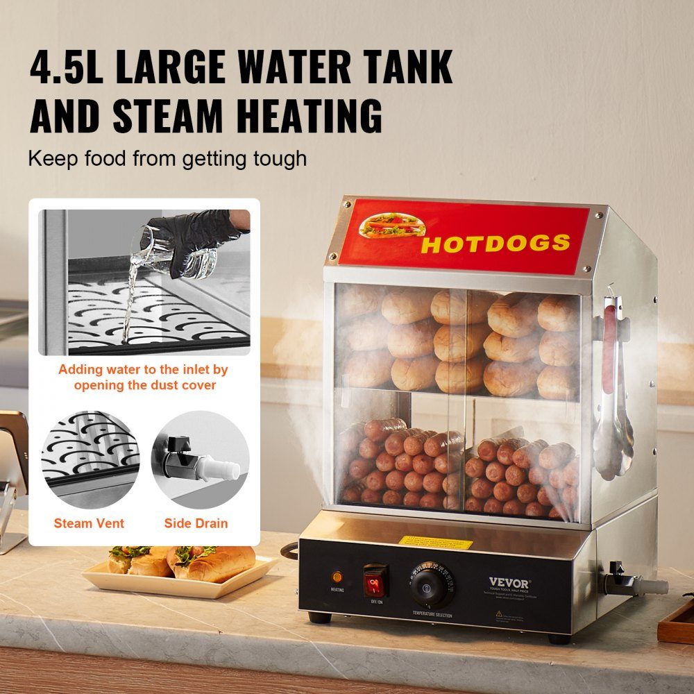 Parowiec do hot dogów, 2-poziomowy parowiec do hot dogów, 27 l, regulacja temperatury 30 ℃ ~ 85 ℃, elektryczny podgrzewacz bułek z drzwiami przesuwnymi z hartowanego szkła, szczypce do płytek oddzielających, stal nierdzewna, do hot dogów i bułek