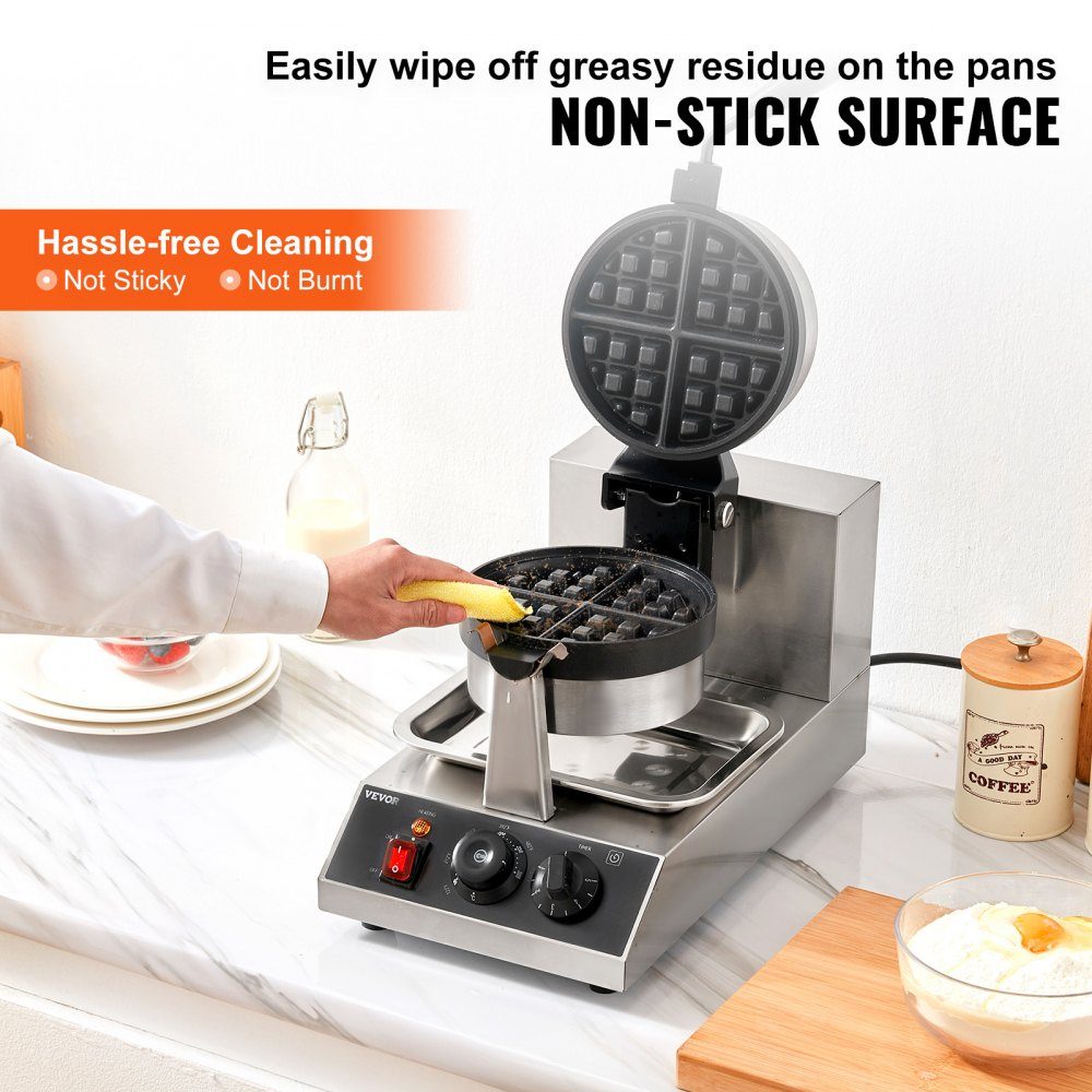 Round waffle iron waffle 1300 W, contact grill Belgian waffle iron 4 pieces. Stainless steel waffle machine including food clip, brushes and anti-scald handle, for cafes, restaurants etc