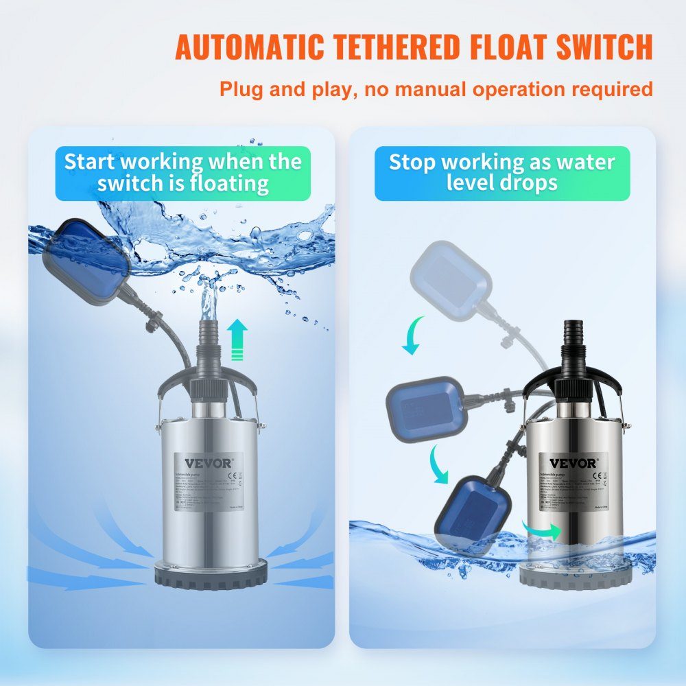 Vuilwaterpomp 550W dompelpomp 230V tuinpomp opbrengst 9500L/u vuilwater dompelpomp IPX8 uitlaat op maat te knippen voor het verpompen van water uit zwembaden, vijvers, kelders