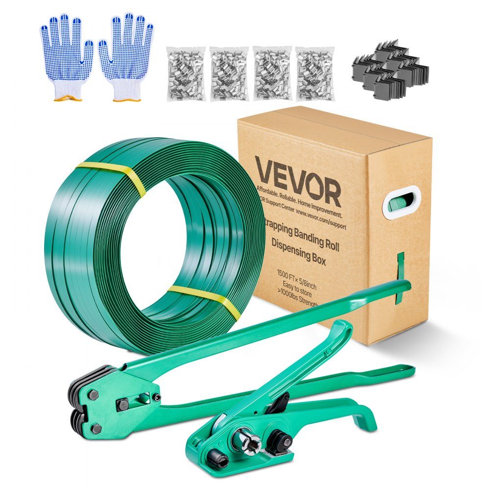 6-teiliges Umreifungsset mit Umreifungsband, manuelles Umreifungsgerät mit 457 m PET-Band, 450 Metallklammern, 150 Kantenschutz, perfekte Werkstattausrüstung für Verpackung, Transport und Lagerung