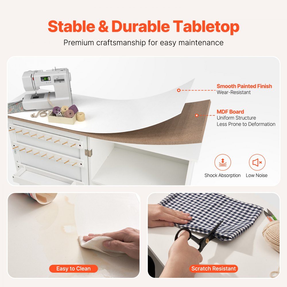 Opvouwbare naaitafel Multifunctionele naaimachinetafel met wielen en planken en opbergvakken en houten pennen en magnetische deuren, naaimachine wit (1170 x 400 x 778 mm)
